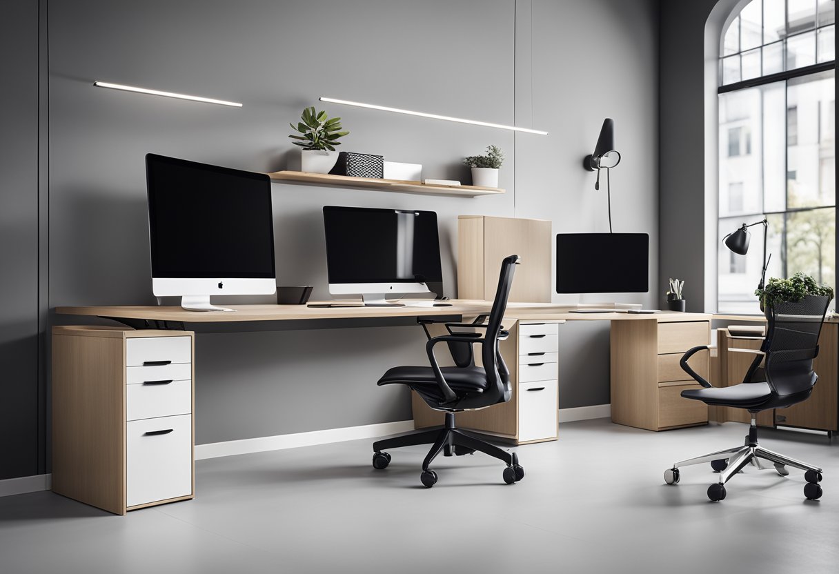 Sleek, minimalist desk with ergonomic chair. Modular storage units and adjustable standing desk. Neutral color palette with pops of vibrant accents