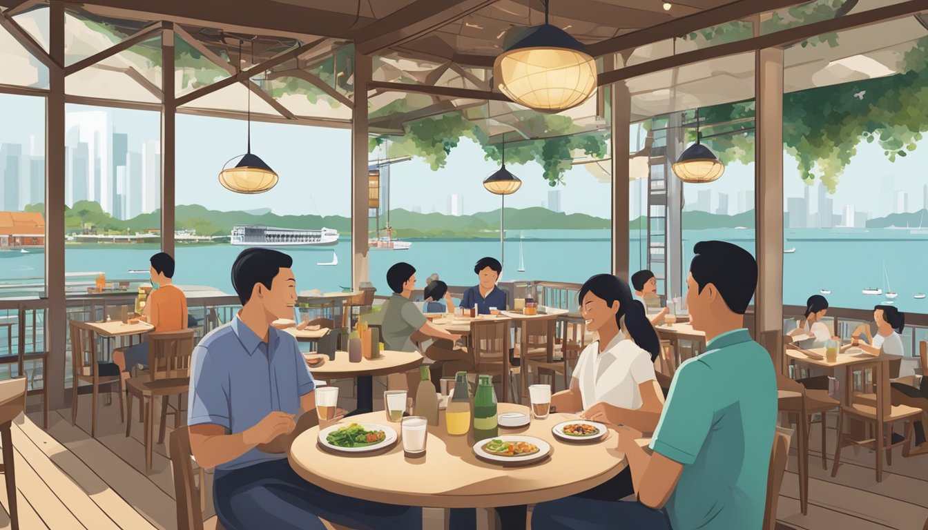 A bustling restaurant at Punggol Settlement, with customers dining and waitstaff serving. The waterfront location provides a scenic backdrop