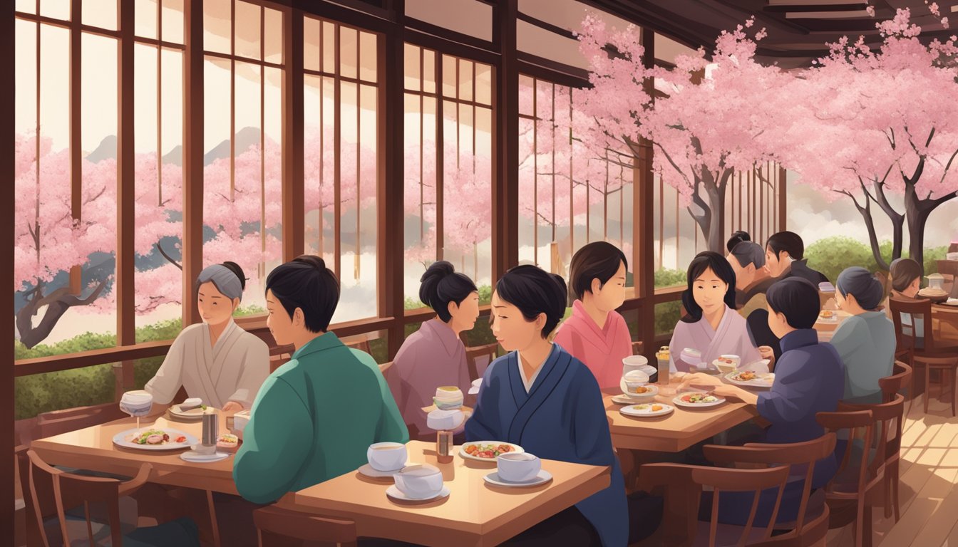 A cozy, bustling restaurant with cherry blossom decor, filled with families enjoying traditional Japanese cuisine
