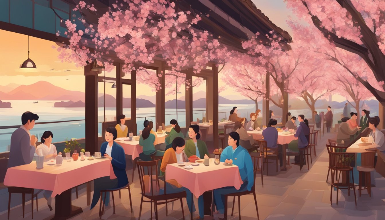 A bustling restaurant with peach blossom trees in bloom, diners enjoying meals, and a warm, inviting atmosphere