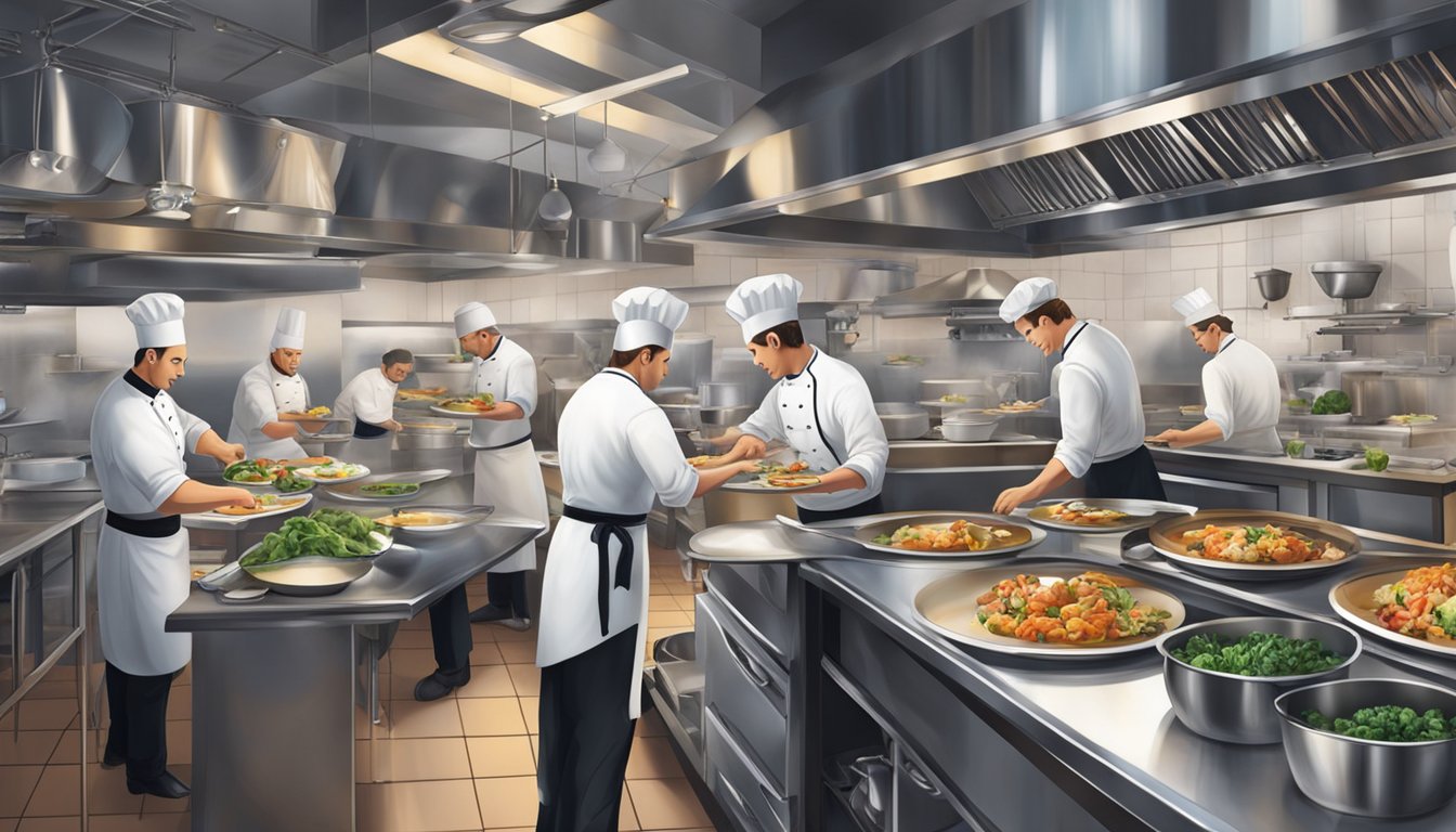 A bustling restaurant kitchen with chefs preparing exquisite dishes, while a server carries a beautifully plated signature dish to a table