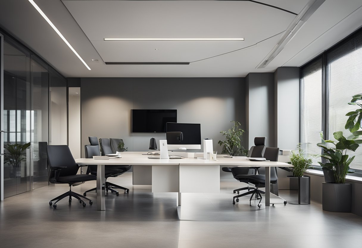 A sleek, minimalist office space with modern, ergonomic furniture and clean lines. The design features neutral tones, glass elements, and integrated technology