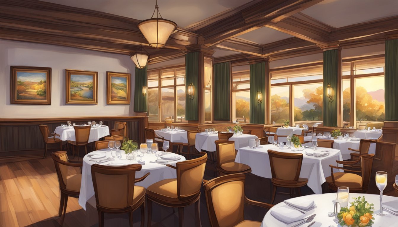 The cozy restaurant exudes warmth with soft lighting and elegant decor. Tables are set with pristine white linens, and attentive staff move gracefully through the space, ensuring every guest is well taken care of
