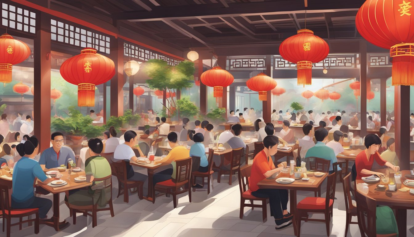 A bustling Chinese restaurant in Plaza Singapura, with red lanterns, round tables, and steaming dishes