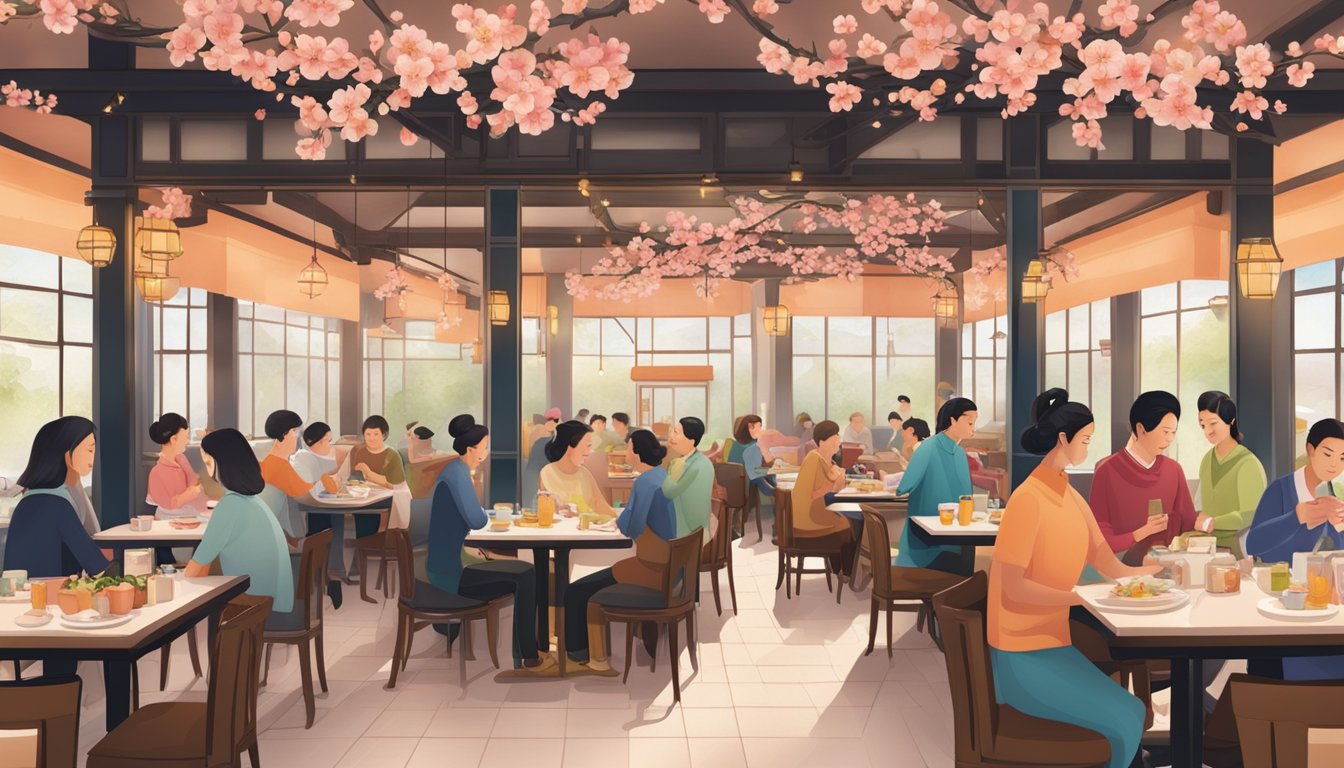 A bustling restaurant with a vibrant peach blossom theme, filled with patrons enjoying their meals and staff tending to tables and taking orders