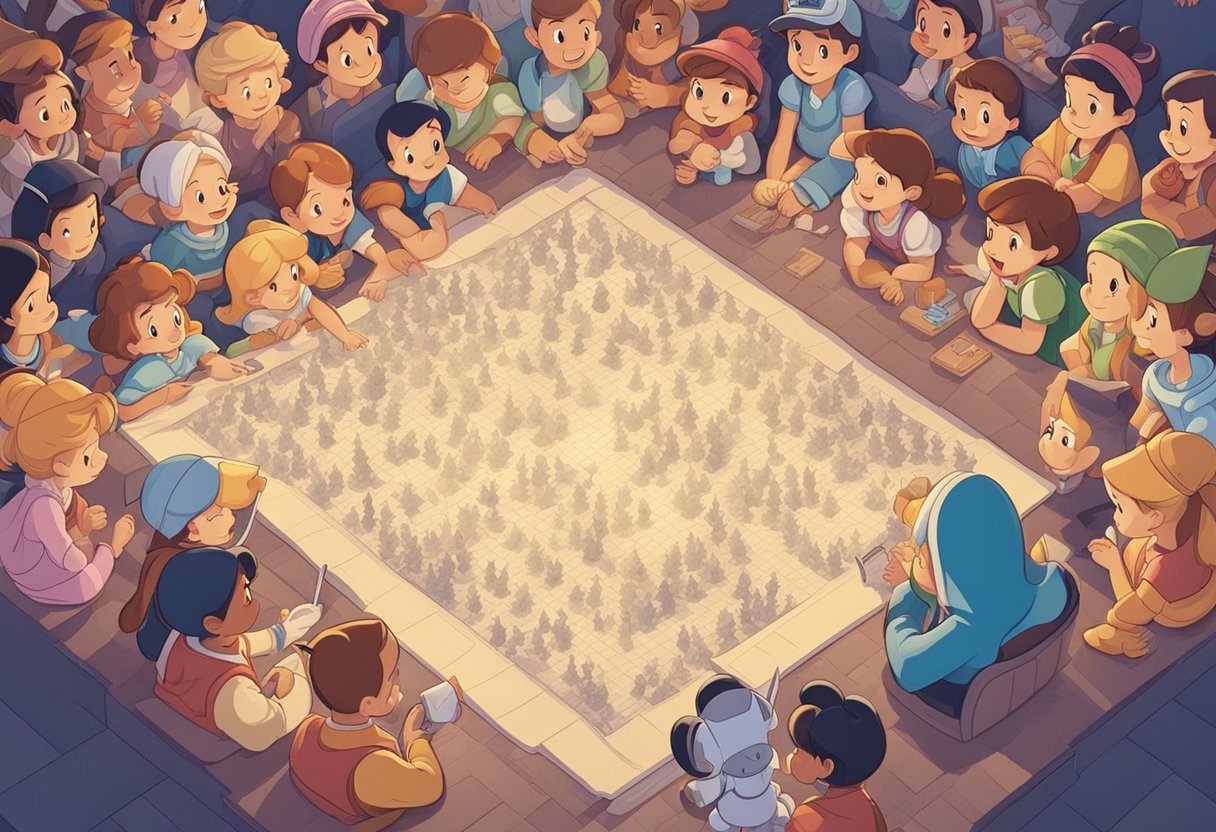 A group of Disney characters gather around a list of baby names, pointing and discussing excitedly