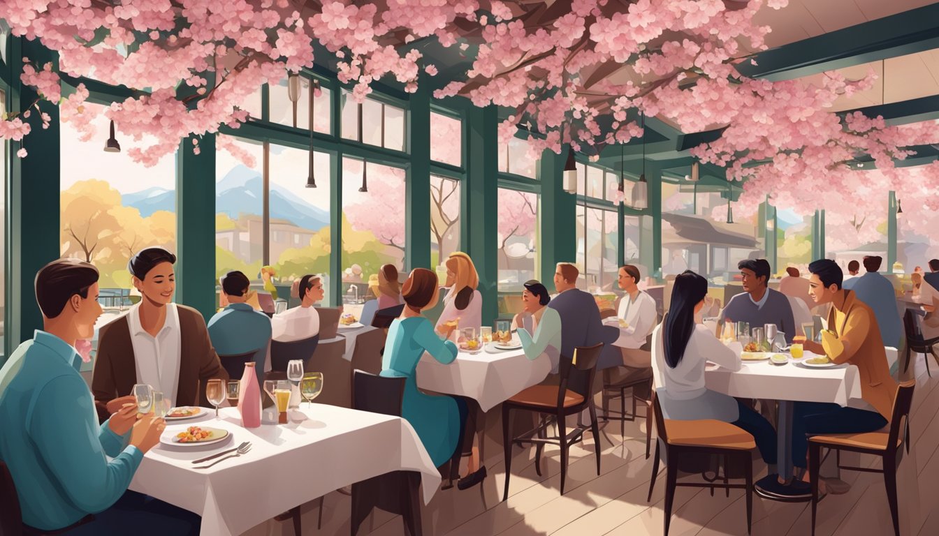 A bustling restaurant with cherry blossom decor, happy diners, and a friendly staff answering questions