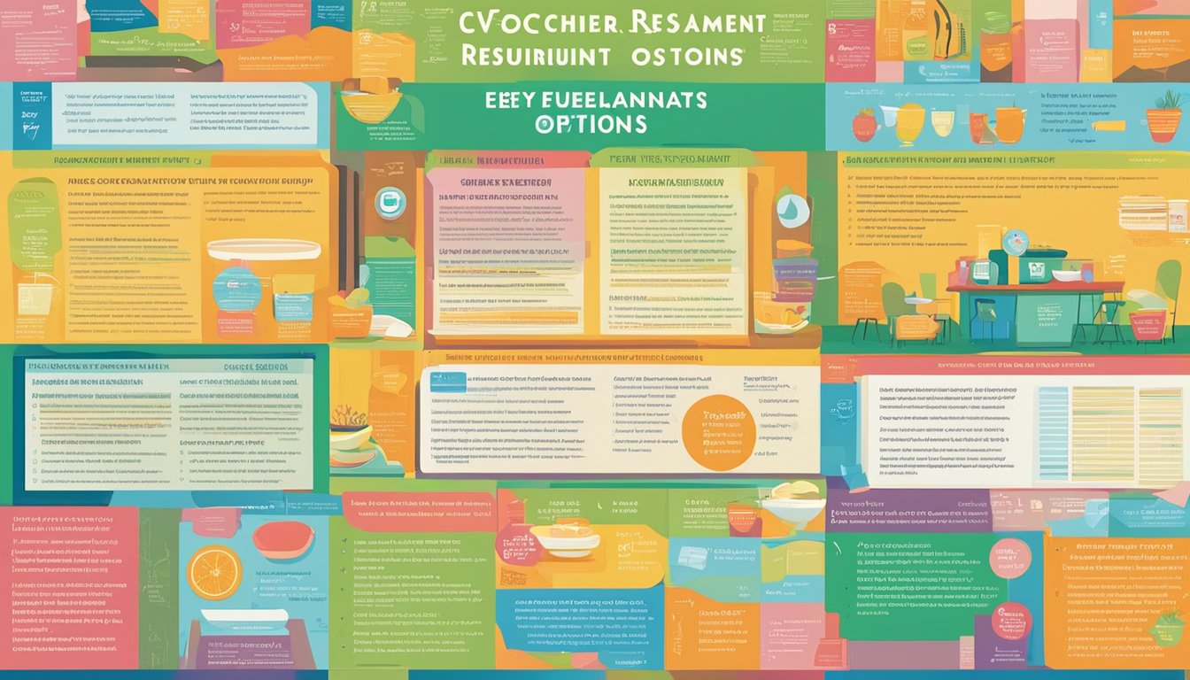 A colorful, eye-catching poster displaying a list of CDC voucher restaurant options, with the words "Frequently Asked Questions" prominently featured at the top