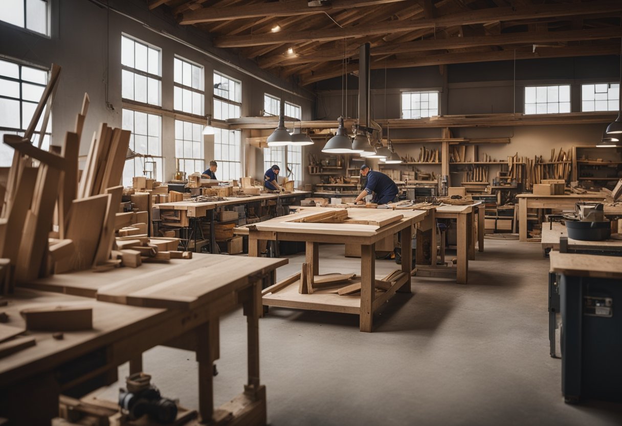 A bustling workshop with carpentry tools and renovation materials scattered around. Sawdust fills the air as workers diligently craft and assemble furniture pieces
