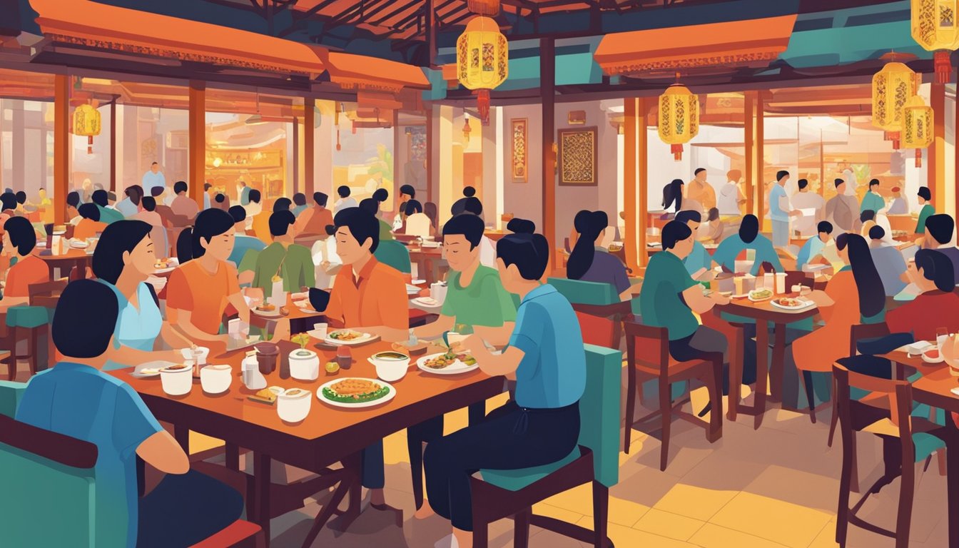 People enjoying a meal at a bustling Chinese restaurant inside Plaza Singapura. The restaurant is filled with traditional decor and vibrant colors, creating a lively atmosphere