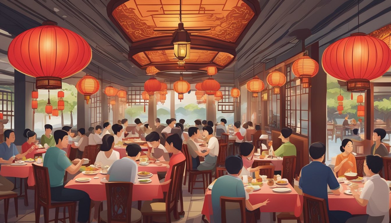 A bustling Chinese restaurant in Plaza Singapura with customers dining and waitstaff serving food. The decor is traditional with red lanterns and ornate wooden furniture. The aroma of sizzling dishes fills the air