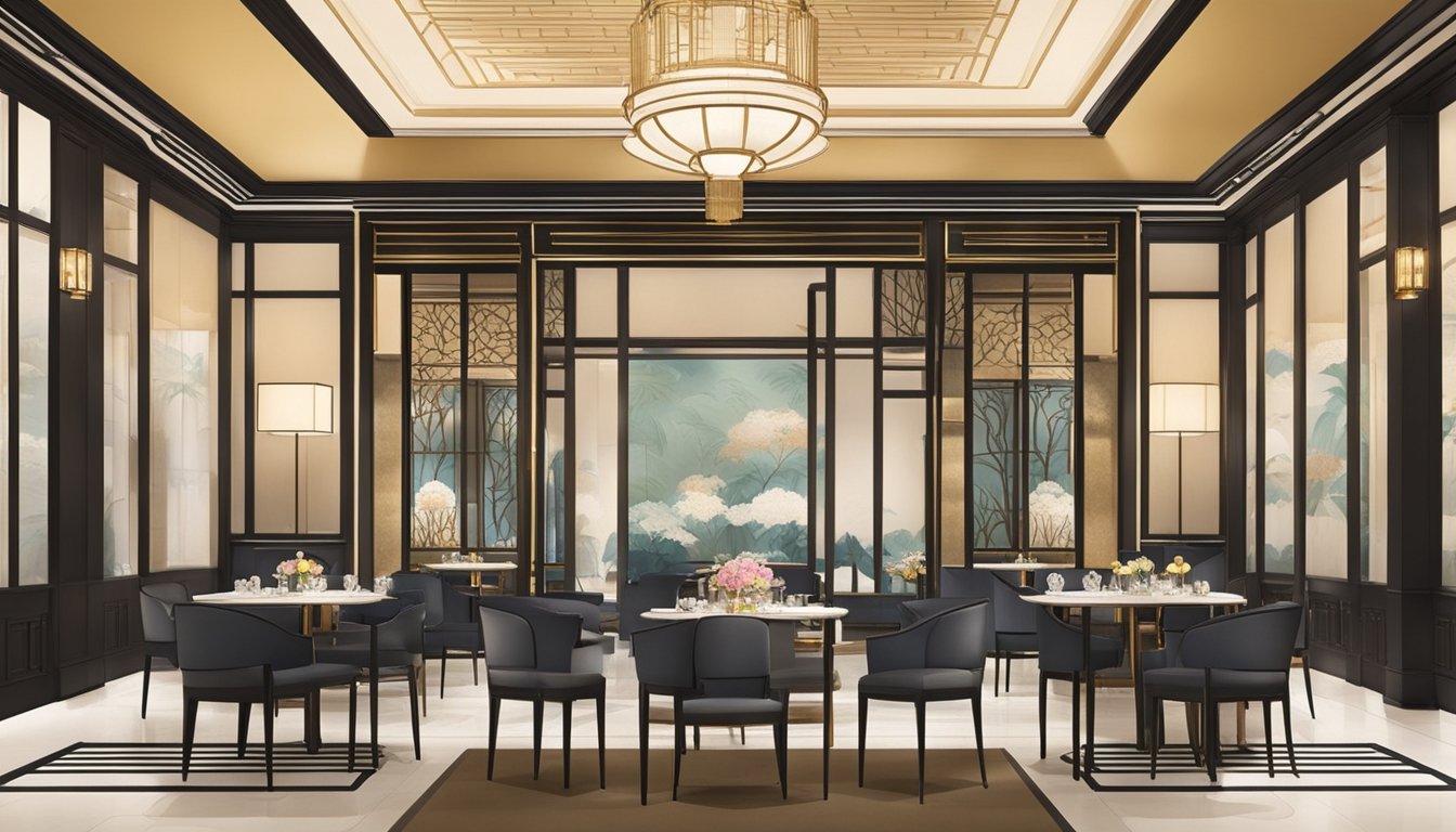 The elegant interior of Yì by Jereme Leung at Raffles Hotel exudes a modern Chinese aesthetic with sleek lines, warm lighting, and intricate artwork adorning the walls, creating a sophisticated and inviting ambiance