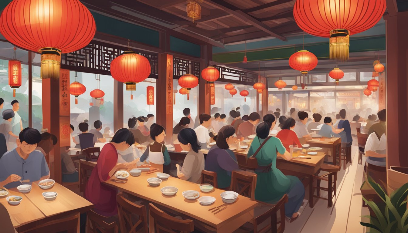 A bustling Shanghai restaurant in Singapore, with traditional red lanterns, wooden tables, and steaming bowls of dumplings and noodles