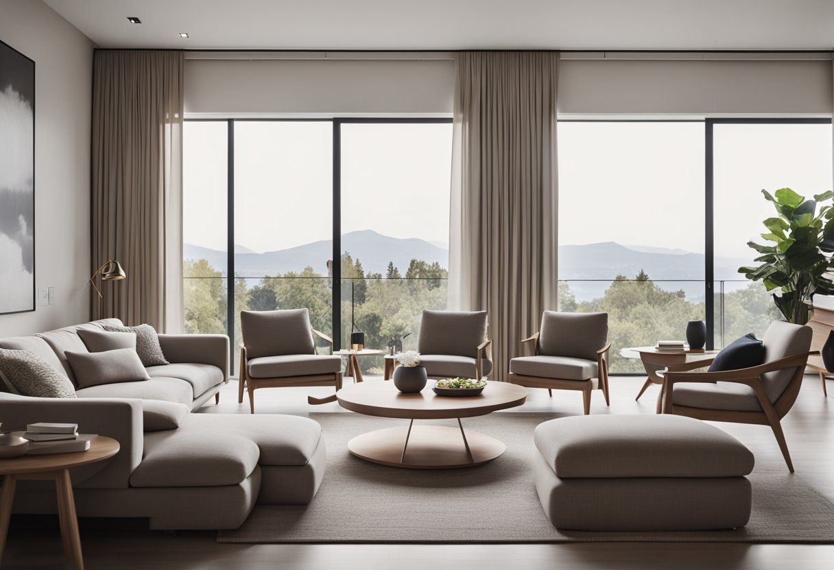 A modern living room with sleek, minimalist furniture. Clean lines, neutral colors, and natural materials create a serene and sophisticated atmosphere