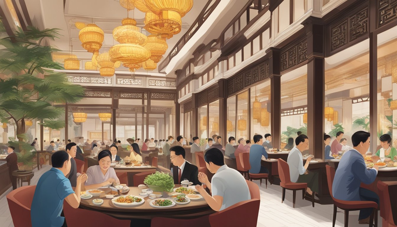 Customers enjoying traditional Chinese cuisine at Raffles Arcade, surrounded by elegant decor and attentive service