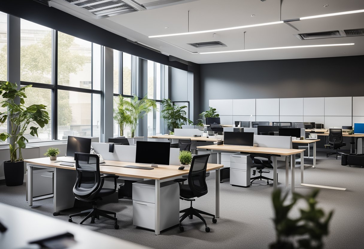 A sleek, modern office space with clean lines, ergonomic chairs, and adjustable desks. Bright, natural lighting and vibrant accent colors create a welcoming and efficient work environment
