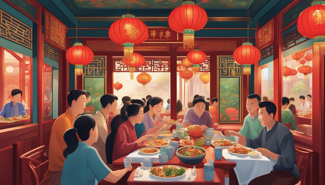 Customers savoring traditional Shanghainese dishes in a vibrant, bustling restaurant adorned with red lanterns and ornate Chinese decor