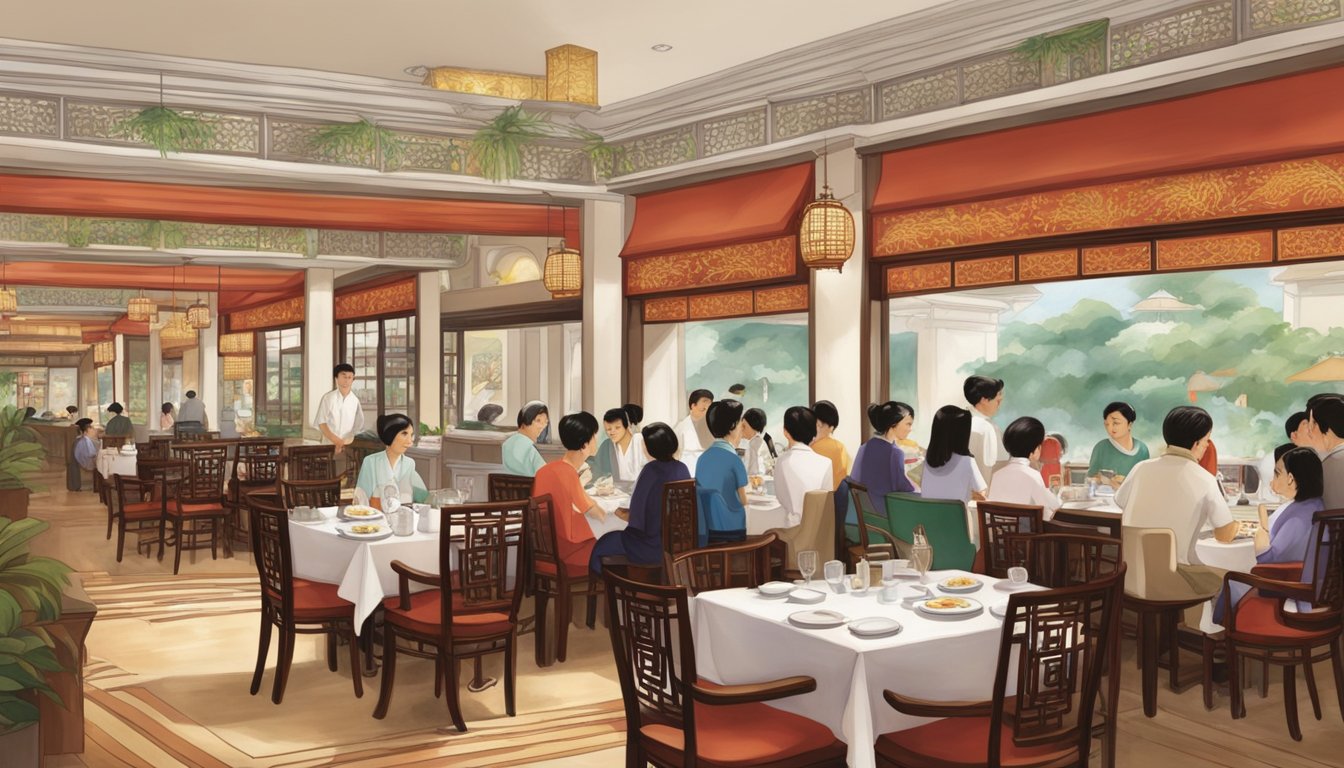 The bustling Chinese restaurant at Raffles Hotel, with elegant decor and vibrant atmosphere, attracts a crowd of diners eager to sample authentic and delectable cuisine
