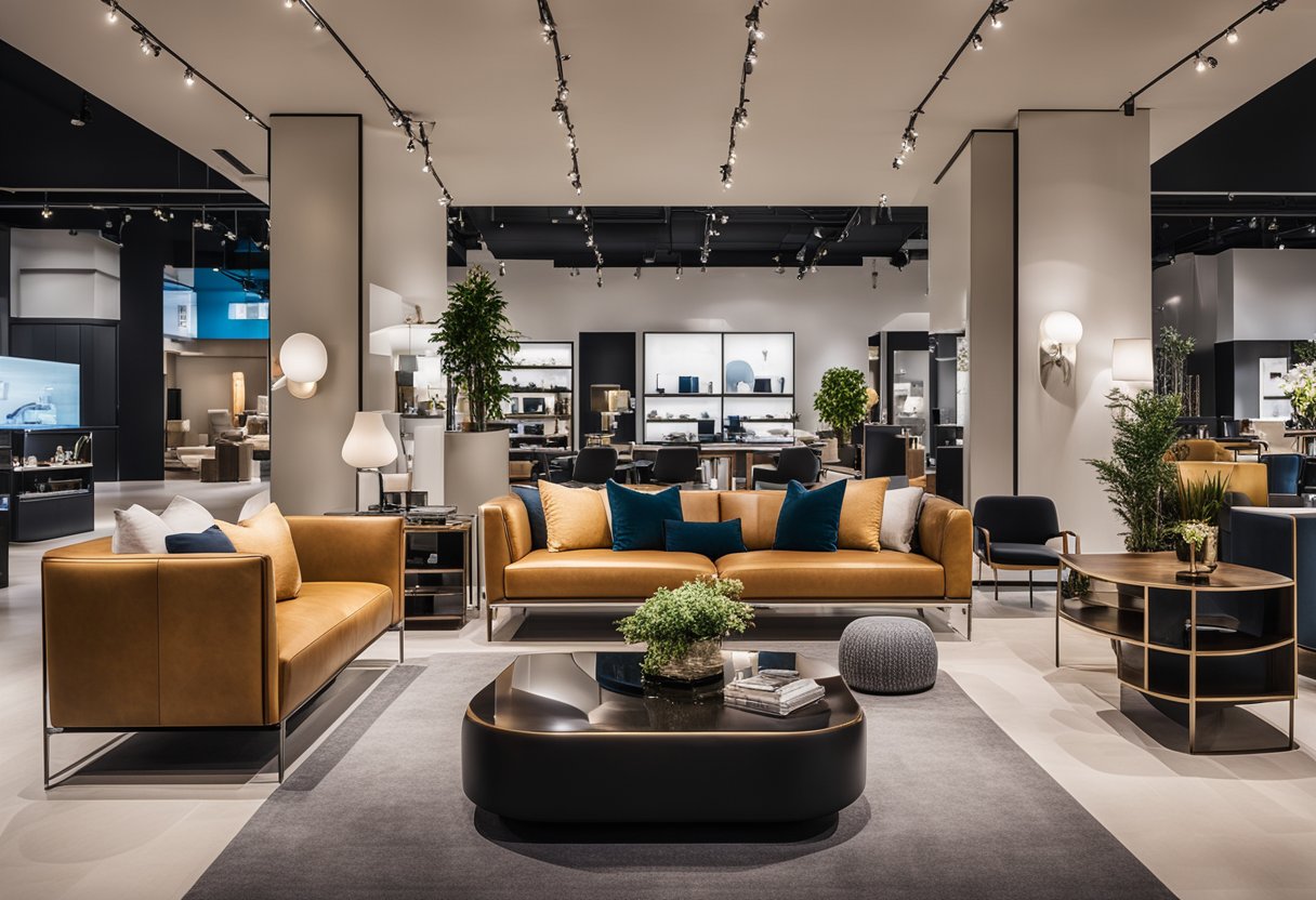 A bustling showroom with modern and luxurious furniture displays. Bright lights and sleek designs create an inviting atmosphere for shoppers