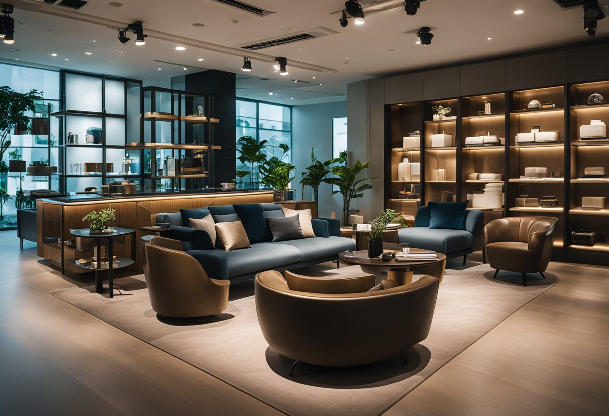A modern showroom with sleek furniture displays and ambient lighting at F&B Furniture Singapore