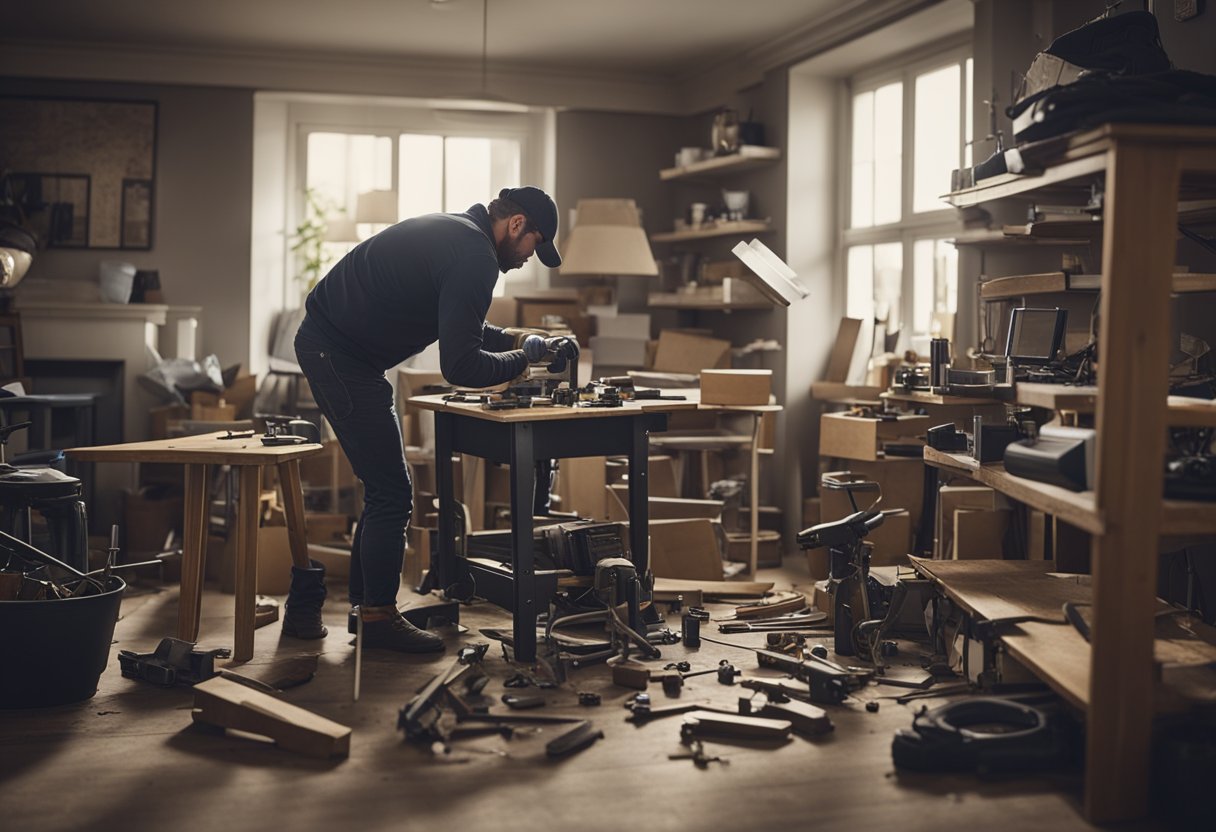 A cluttered room with broken furniture. A handyman fixing a table, repairing a chair, and assembling a bookshelf. Tools and equipment scattered around