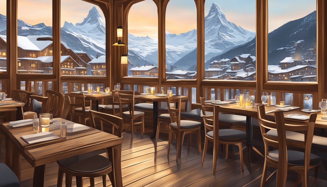 A cozy restaurant in Zermatt, with wooden tables and chairs, warm lighting, and a view of the snowy mountains through the windows