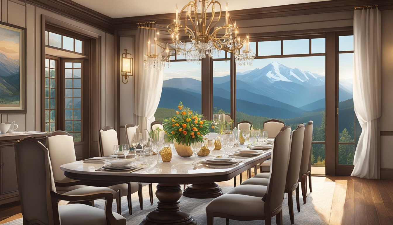 The elegant dining room is filled with soft lighting, luxurious table settings, and stunning mountain views through the large windows