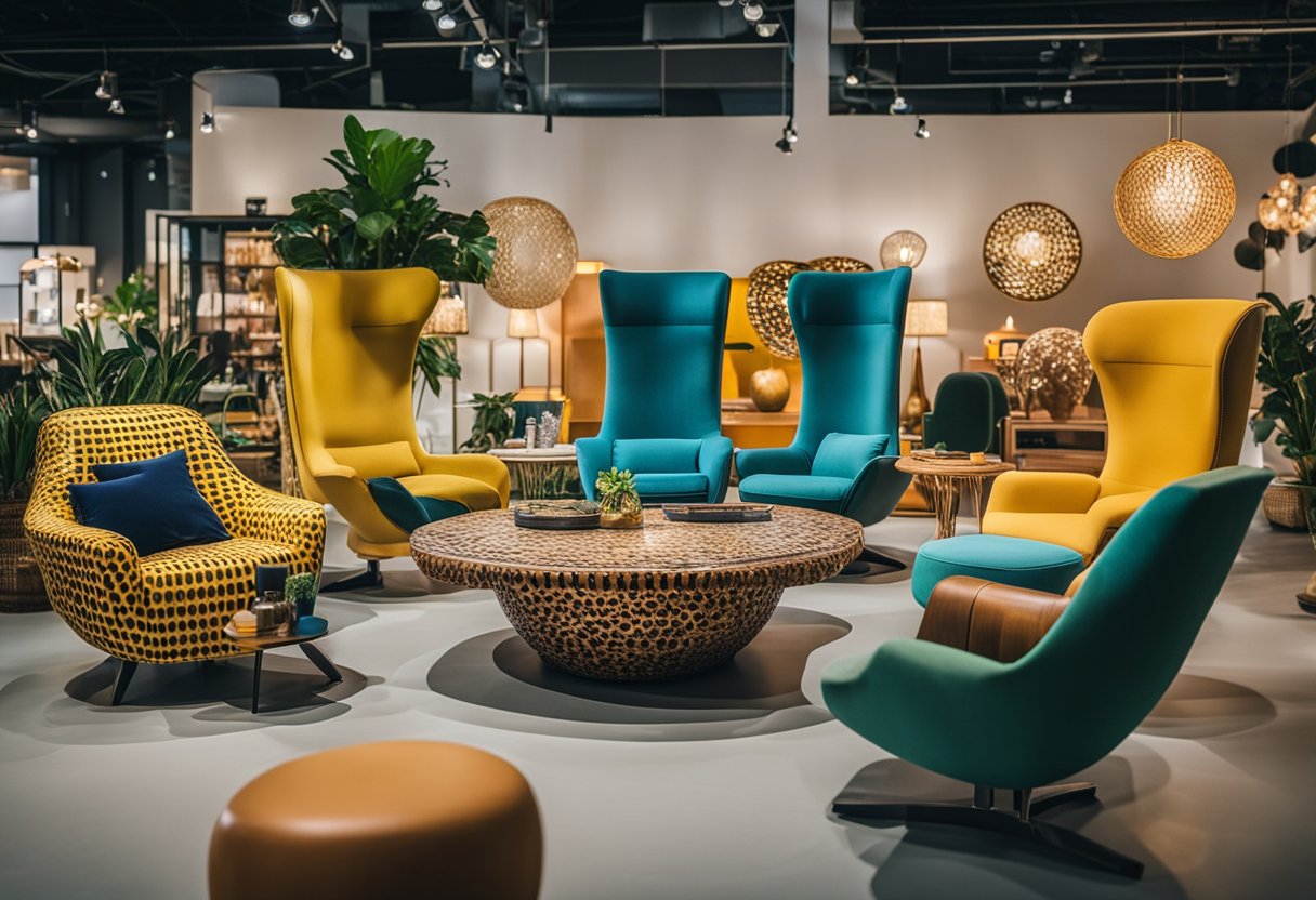 A colorful array of unique furniture pieces fills a vibrant showroom in Singapore, showcasing funky and eclectic styles
