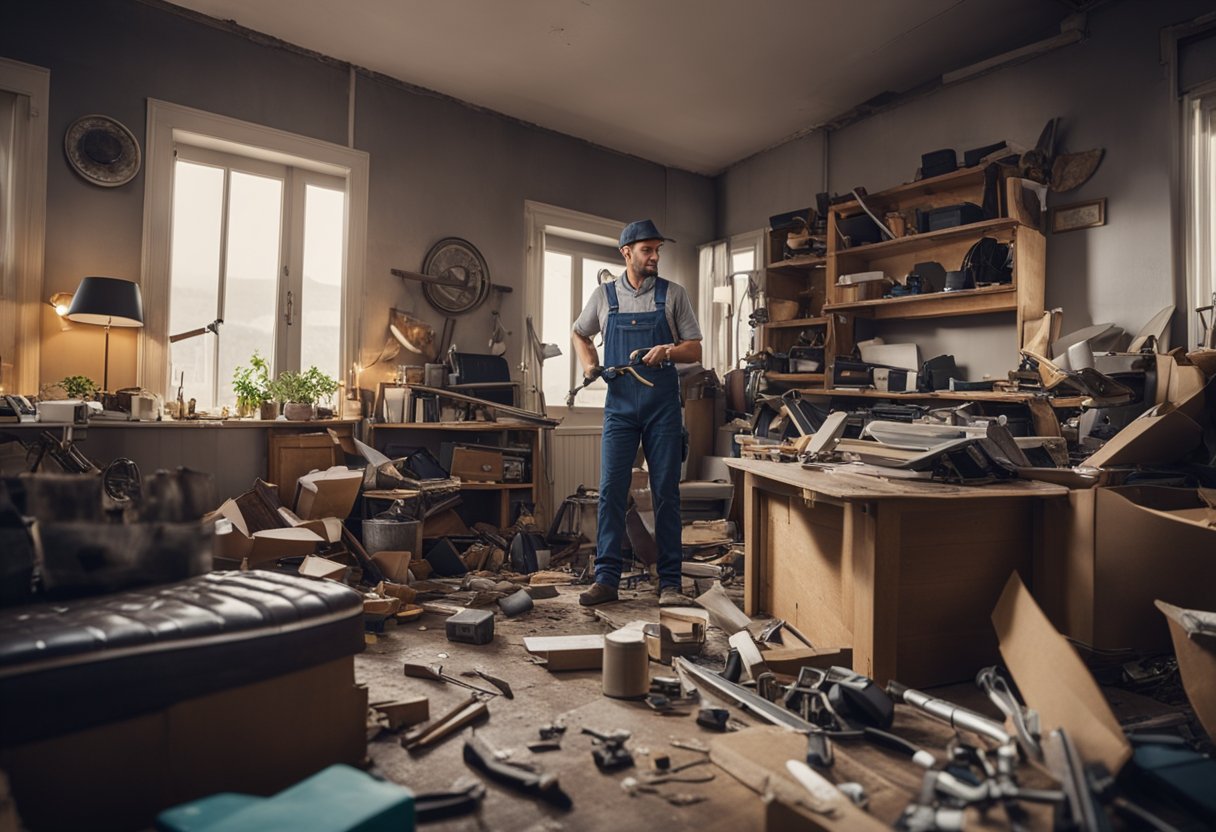 A cluttered living room with broken furniture. A handyman with tools stands ready to repair and restore the items to their former glory