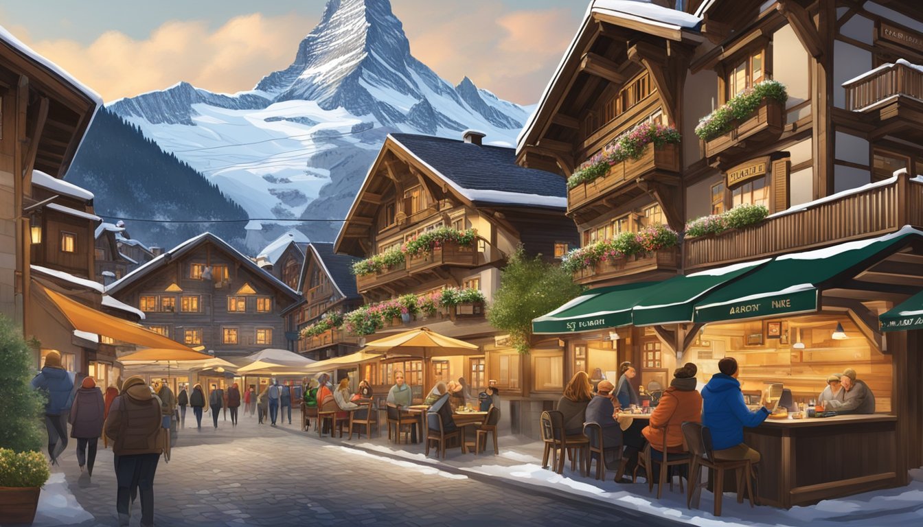 A bustling street lined with cozy alpine restaurants in Zermatt, Switzerland. Snow-capped mountains provide a stunning backdrop to the charming chalet-style buildings