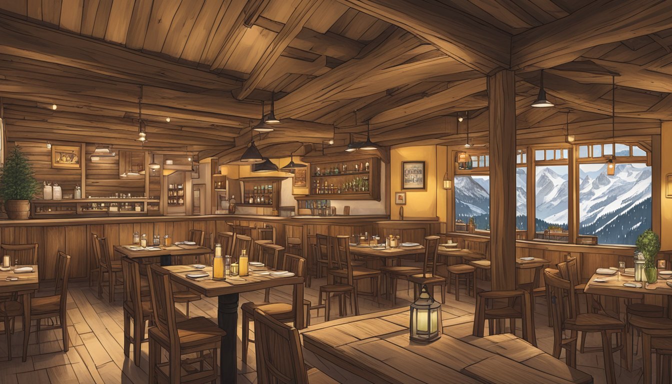 A cozy restaurant in Zermatt, with a rustic wooden interior and a warm, inviting atmosphere. The space is filled with tables and chairs, and a sign reading "Frequently Asked Questions restaurant Zermatt" hangs on the wall