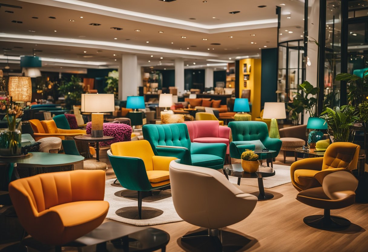 A vibrant furniture store in Singapore showcases funky chairs, tables, and decor. Bright colors, unique shapes, and modern designs fill the space, creating a lively and eclectic atmosphere