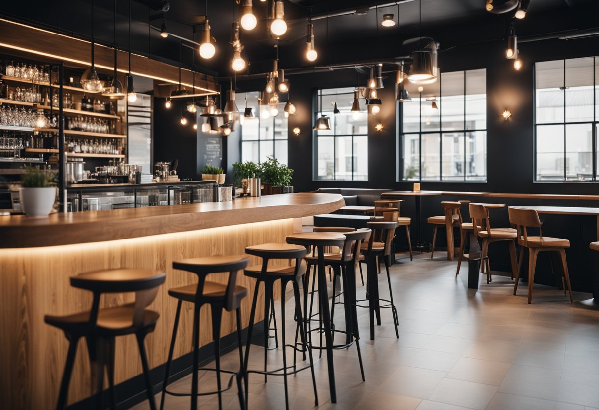 A modern cafe interior with sleek, wooden tables and chairs, stylish bar stools, and industrial lighting fixtures