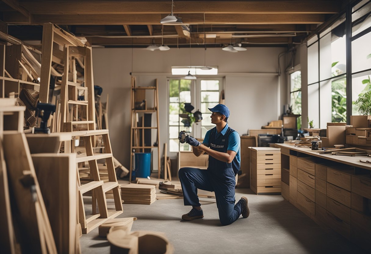 A carpenter renovates a Singaporean home, surrounded by tools and materials. A sign reads "Frequently Asked Questions" about the renovation work