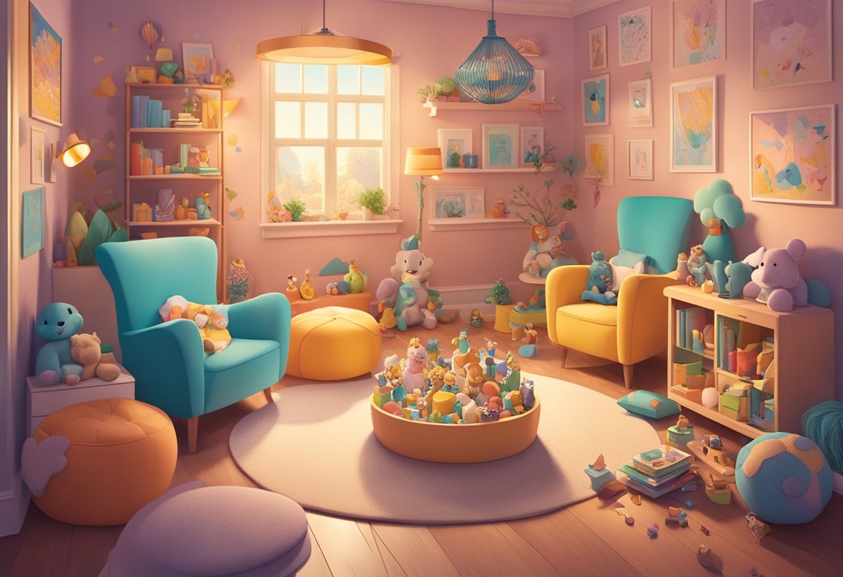 A colorful brainstorming session with baby-themed Disney props and name ideas scattered around a cozy, well-lit room