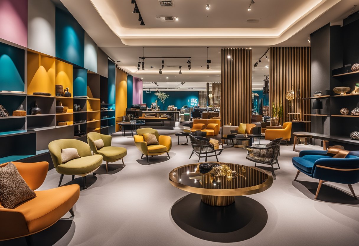 A colorful array of unique furniture pieces, including chairs, tables, and shelves, are displayed in a modern showroom in Singapore