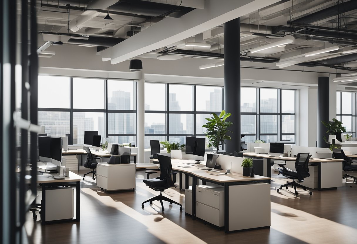 A modern, open-concept office space with sleek, ergonomic furniture and plenty of natural light streaming in through large windows