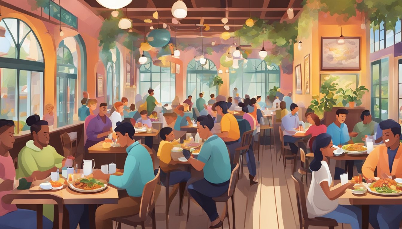 A bustling restaurant with colorful decor, steaming plates of food, and happy diners enjoying their meals