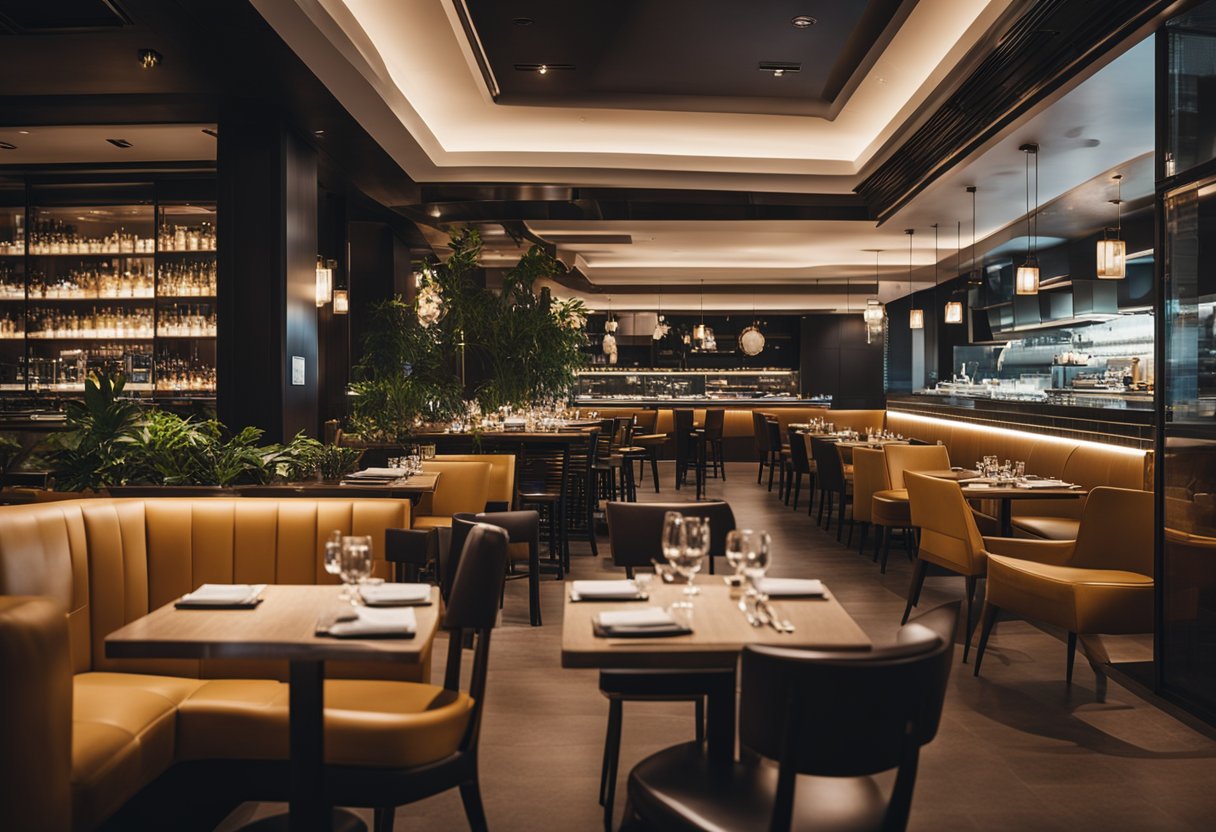 A modern restaurant setting with sleek furniture, a cozy ambiance, and a bustling crowd enjoying their meals and drinks