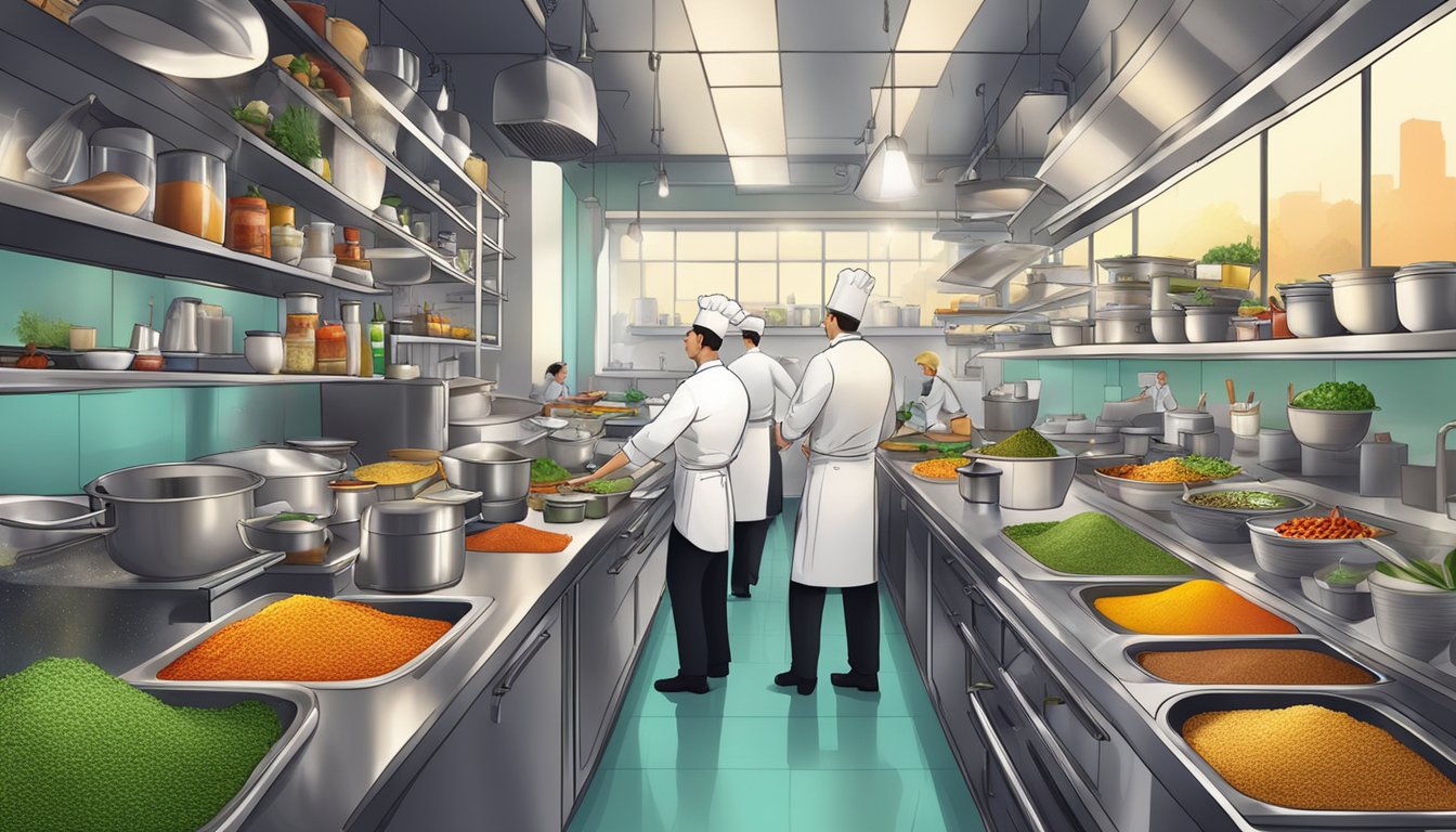 A bustling restaurant kitchen with chefs cooking and plating dishes, surrounded by shelves of colorful spices and fresh ingredients