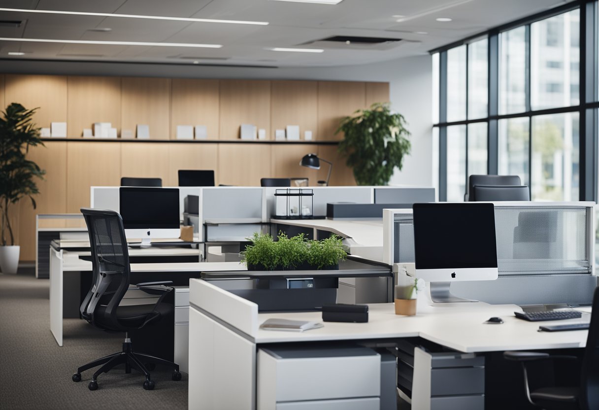 A modern office setting with sleek desks, ergonomic chairs, and stylish storage units. A customer service representative assists a client with a smile
