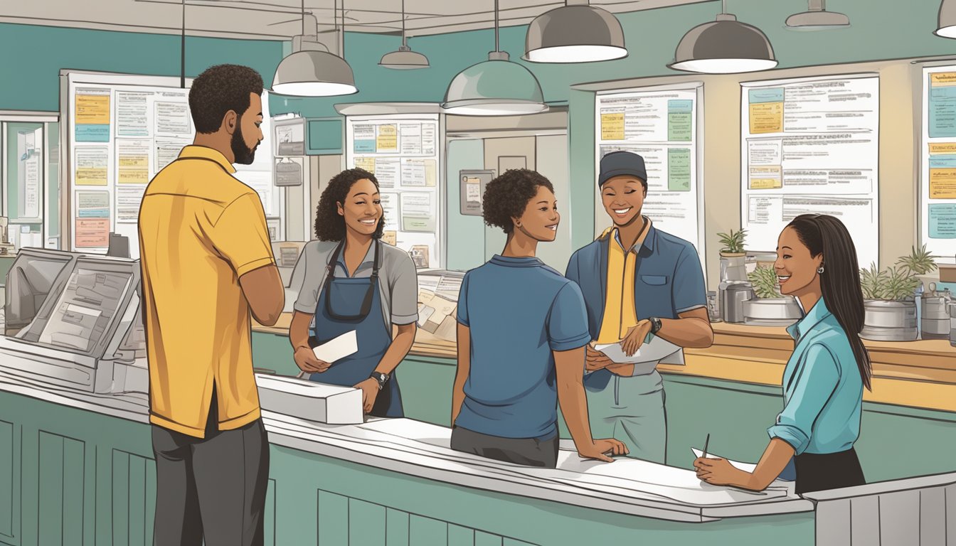 Customers lining up at the counter, pointing at the menu, while staff members take orders and answer questions at the Frequently Asked Questions board