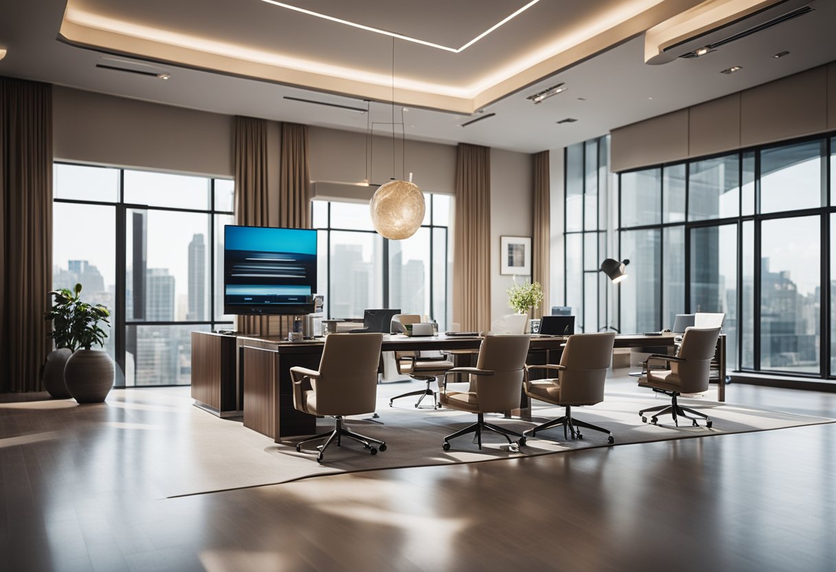 A grand office with sleek furniture, modern art, and soft lighting