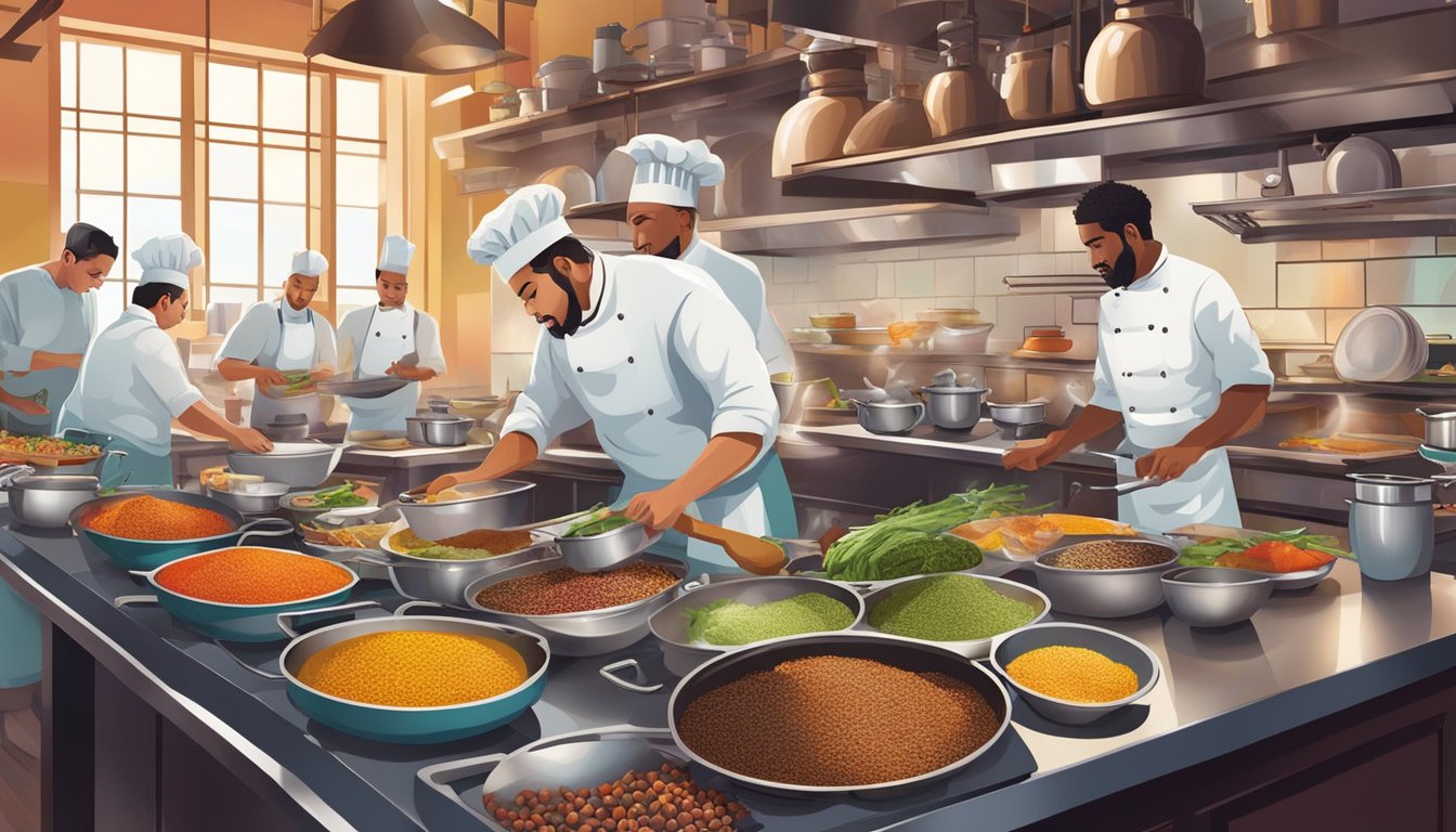 A bustling restaurant kitchen with chefs cooking and plating dishes, surrounded by colorful spices, fresh produce, and sizzling pans