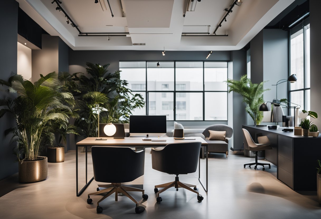 An elegant office space with sleek, modern furniture, soft ambient lighting, and a minimalist color palette. A large, statement desk sits in the center, surrounded by comfortable yet stylish seating options