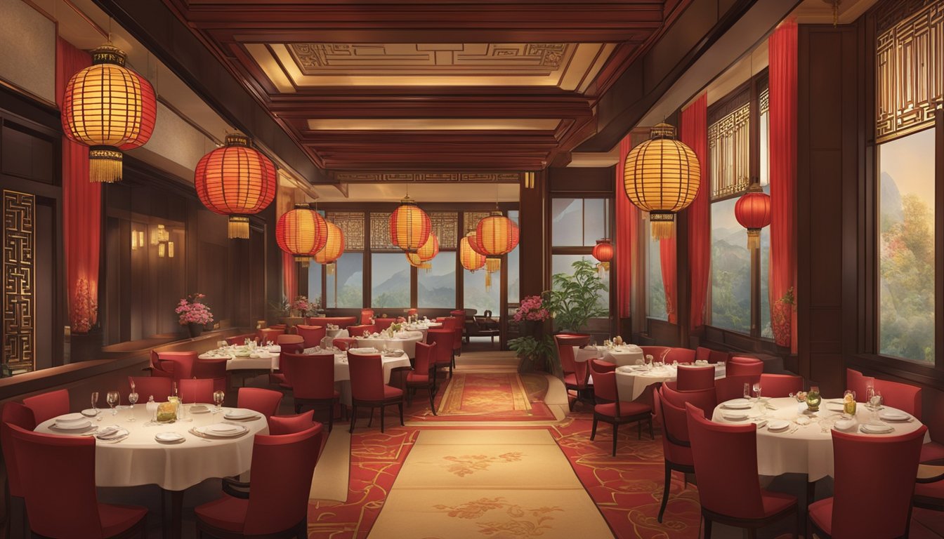 The St. Regis Chinese restaurant is filled with elegant decor and traditional Chinese motifs. The dimly lit space is adorned with ornate lanterns and rich, red accents, creating a luxurious and inviting atmosphere