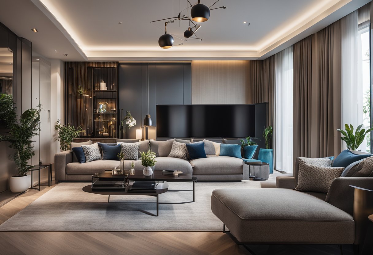 A modern living room with sleek furniture, soft lighting, and vibrant accent pieces