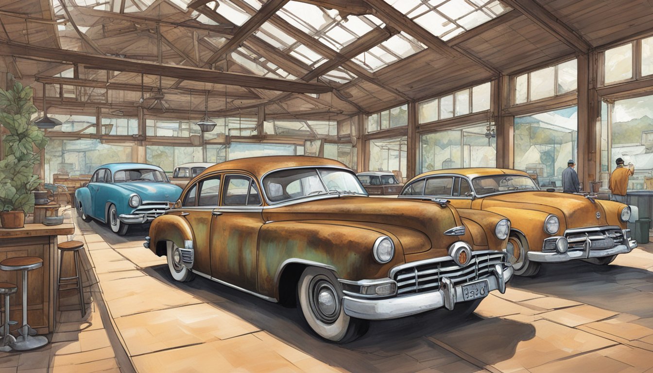 The expo restaurant is filled with vintage vehicles showcasing the effects of rust. A rusted car sits in the center, surrounded by informative displays