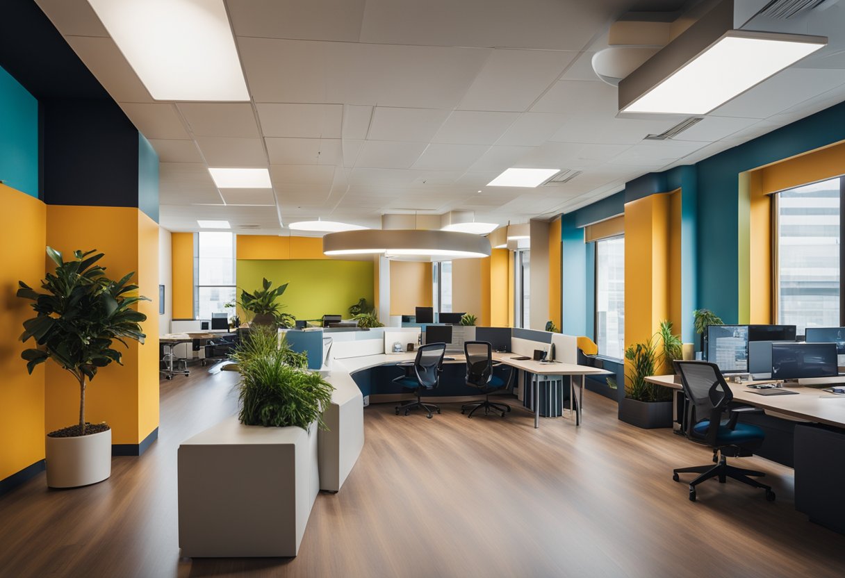 An open, collaborative office with bright colors, modern furniture, and playful decor. A mix of standing desks and cozy nooks for meetings and brainstorming