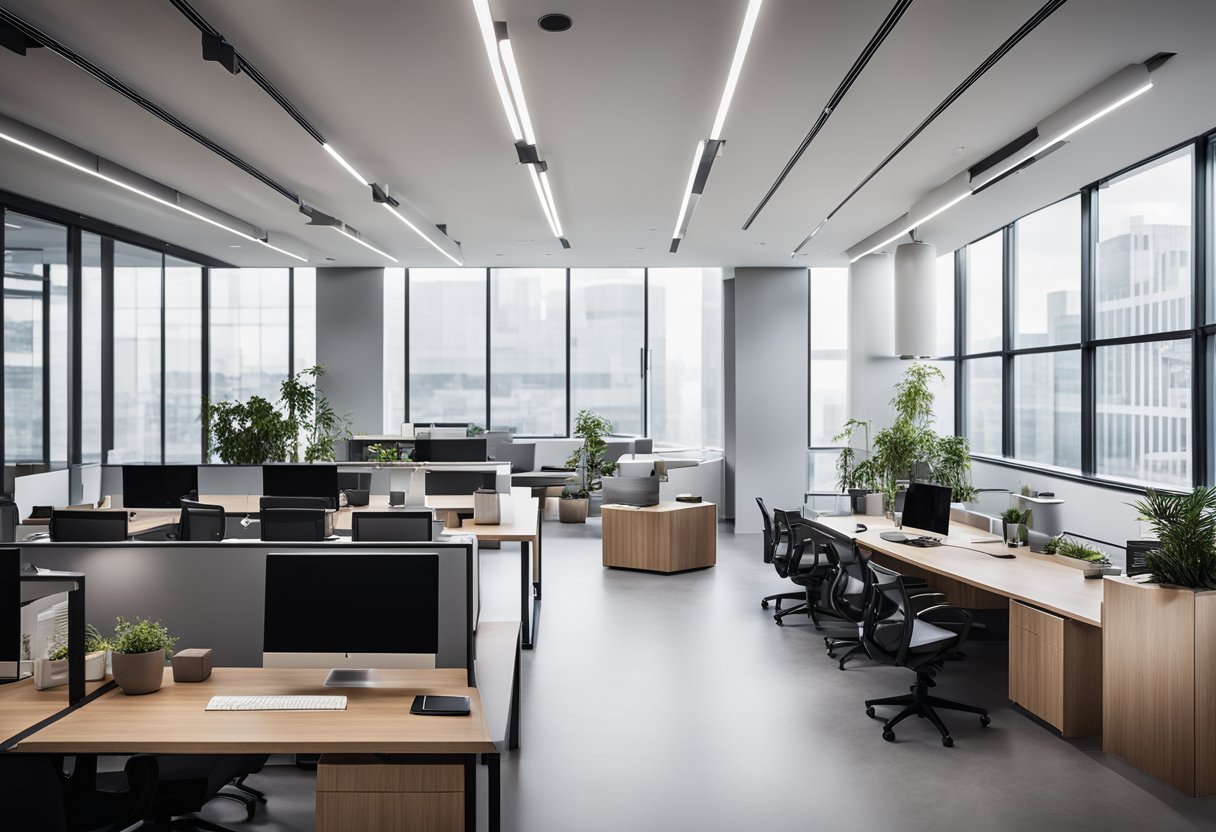 A sleek, modern office with clean lines, ergonomic furniture, and stylish decor. The space is maximized for functionality and exudes an elegant, professional atmosphere